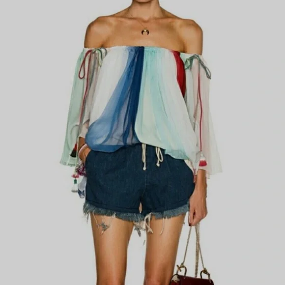 ECRU RAINBOW SILK TUNIC TOP WITH TUSSLES - Picture 1 of 16